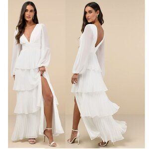 Lulus Graceful Finesse White Pleated Long Sleeve Maxi Dress Size Small New NWT